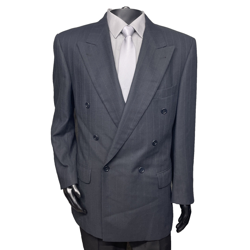 READ Vtg Hugo Boss Union Made USA Double Breasted Blazer Black Pinstripe Classic